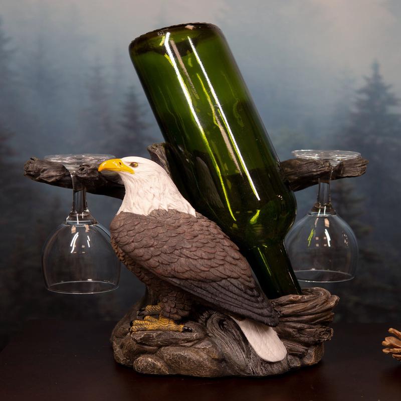 Ebros Liberty American Bald Eagle  Wine Valet As Bottle & 2 Glasses Holder Statue