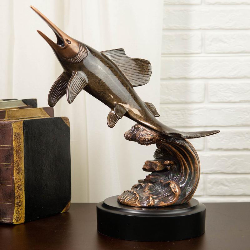 Ebros Nautical Marine Sailfish Leaping Out Of Water Electroplated Bronze Statue