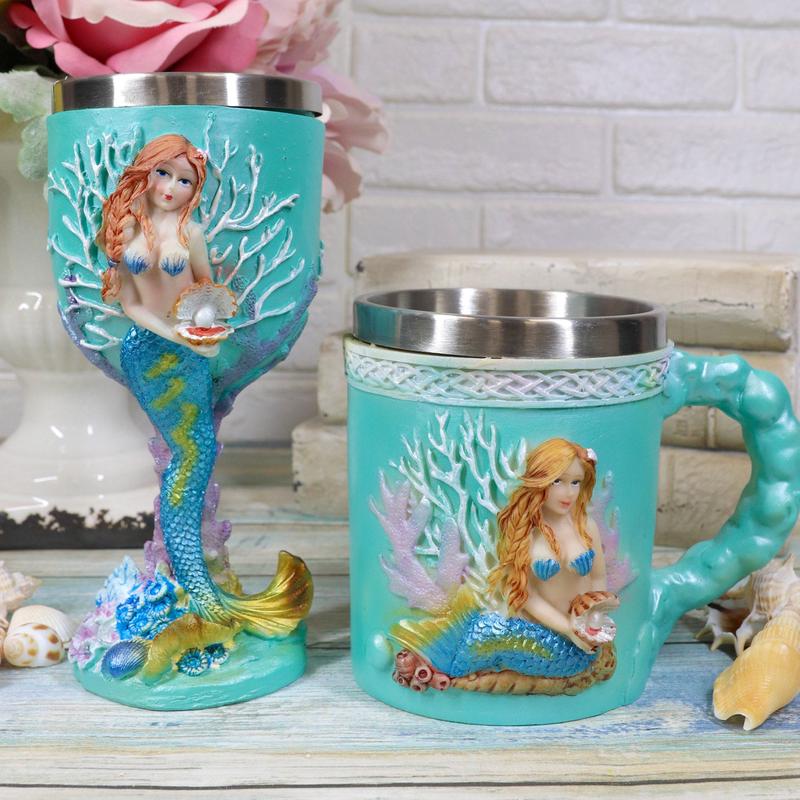 Ebros Nautical Turquoise Ocean Coral Reef Mermaid W/ Pearl Mug & Wine Goblet Set