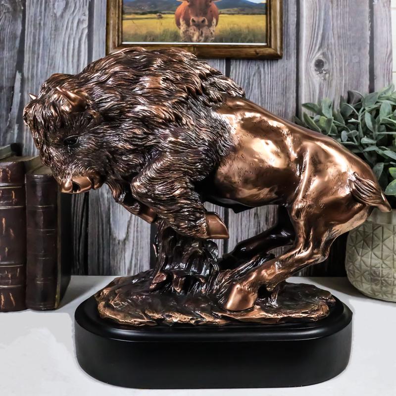 Ebros Western Large Angry Charging Bison Statue in Bronze Electroplated Finish