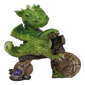Fantasy Green Wyrmling Baby Dragon Riding A Wooden Log Cavebike Bicycle Figurine