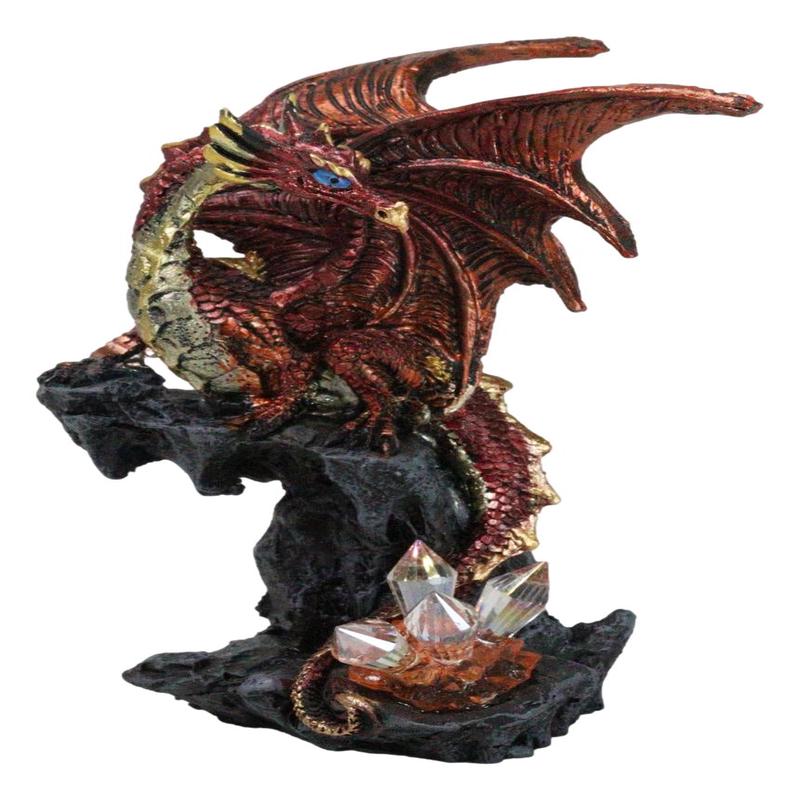 Fantasy Red Volcano Dragon Perching On Rock Cavern with Crystals Small Figurine