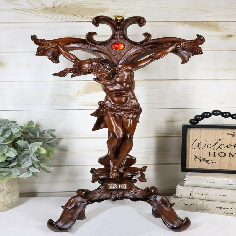 Faux Mahogany Wood Finish Large Jesus Christ Crucifix With Stand Statue 23"Tall