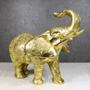 Feng Shui Zen Royal Gold Ornate Mandala Design Elephant With Trunk Up Figurine