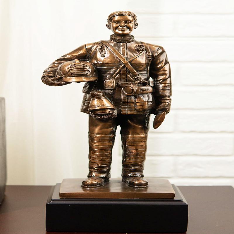 Fire Fighter Civil Service Firewoman With Helmet and Axe On Trophy Base Statue
