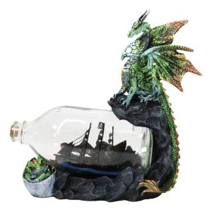 Green And Gold Dragon On Rock Cliff With Pirate Ship in Glass Bottle Figurine