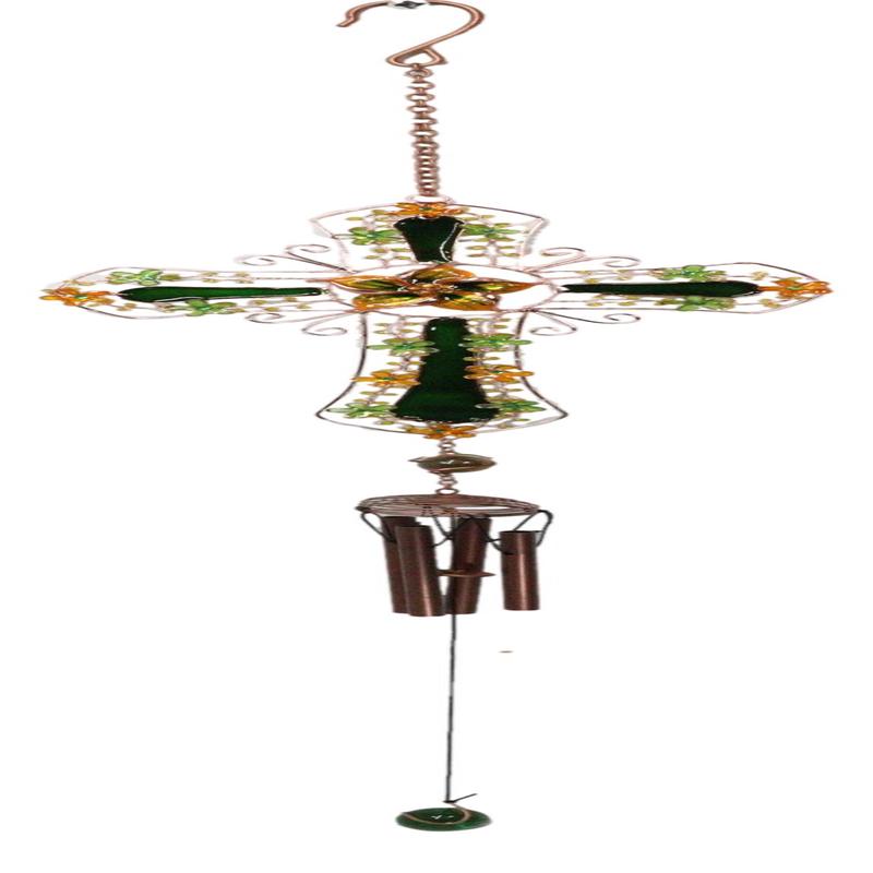 Green Floral Shamrock Cross with Gemstones Metal Scroll Filigree Wind Chime 31"H