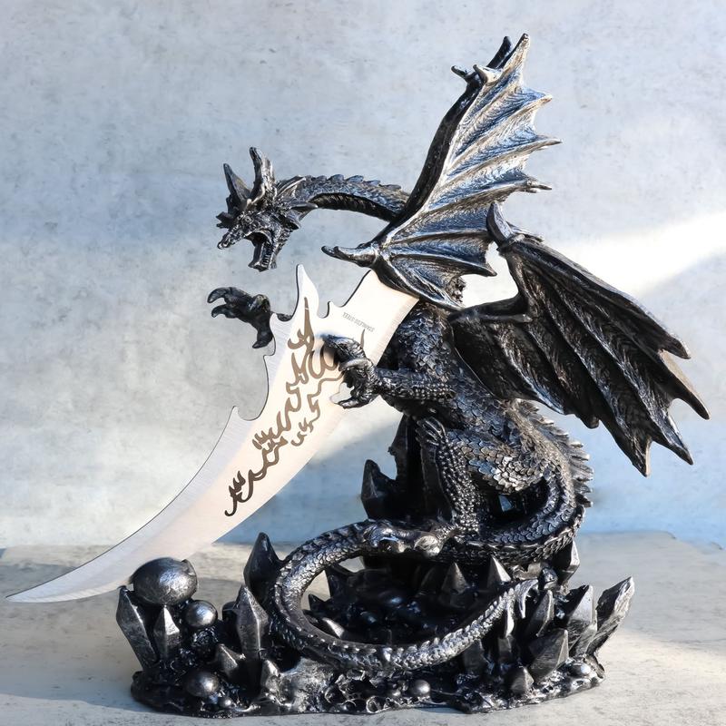 Large Dreamwork Fantasy Obsidian Dragon Statue With Fire Dagger Letter Opener