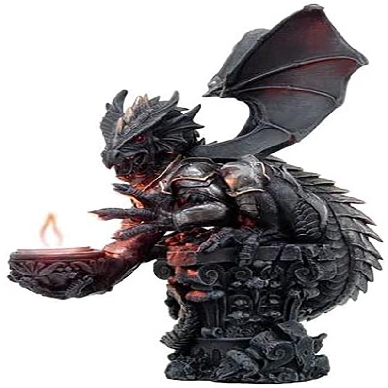Large Rune Armored Dragon On Pedestal Tea Light Candle Holder Statue Figurine