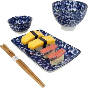 Made in Japan Floral Blossom Blue Motif Ceramic Sushi Dinnerware 8pc Set For Two