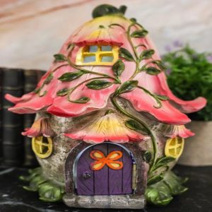 Mini Enchanted Fairy Garden Trumpet Lily Cottage Light Up House W/ Door Figurine