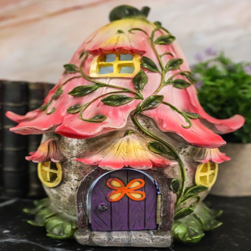 Mini Enchanted Fairy Garden Trumpet Lily Cottage Light Up House W/ Door Figurine