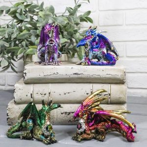 Set of 4 Colorful Metallic Elemental Dragons in Multiple Poses Mini Figurines