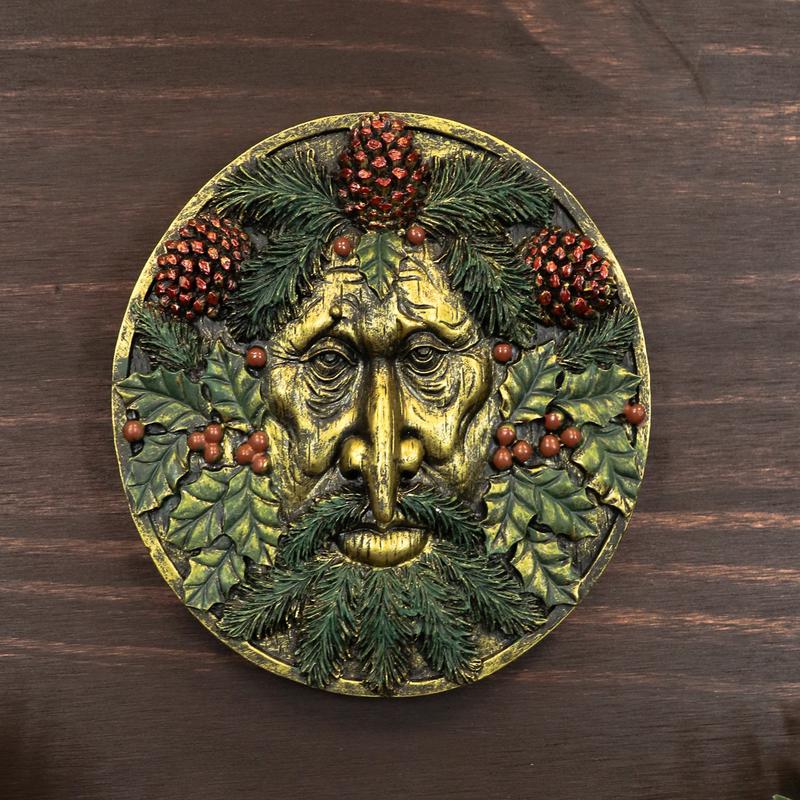 The Horned God Wiccan Winter Season Round Greenman Wall Decor Plaque 5.25"D