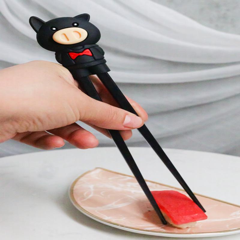 Black Porky Pig Reusable Training Chopsticks Set With Silicone Helper BPA Free