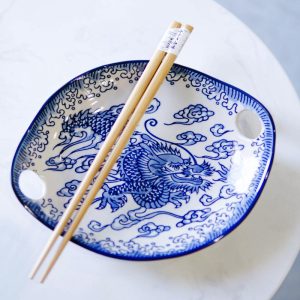 Blue Feng Shui Dragon Small Appetizer Coupe Plate Flat Bowl With Chopsticks Set