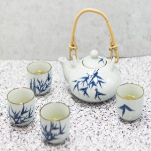 Blue Oriental Bamboo Branches And Leaves Design Porcelain Tea Pot And 4 Cups Set