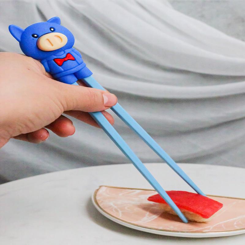 Blue Porky Pig Reusable Training Chopsticks Set With Silicone Helper BPA Free