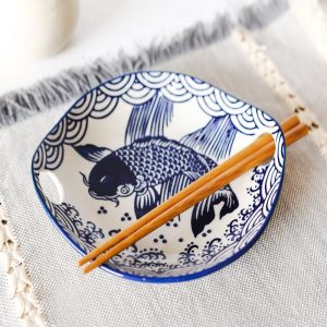 Blue White Koi Fish Small Appetizer Coupe Plate Flat Bowl With Chopsticks Set
