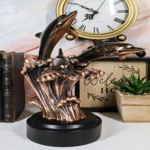 Bronze Electroplated Three Bottlenose Dolphins Riding Over Ocean Waves Statue