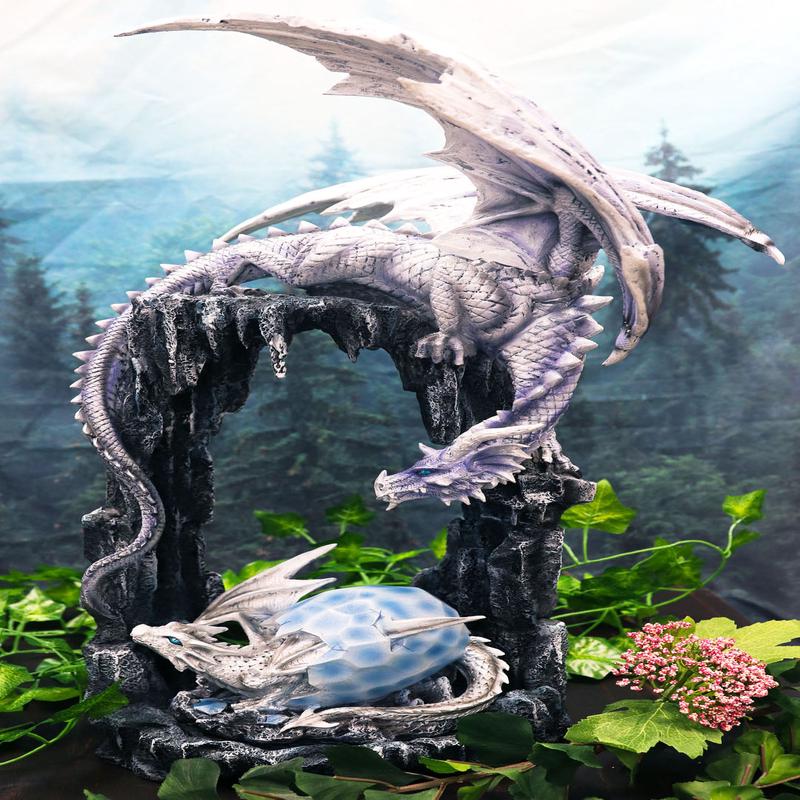 Ebros  21"H White Frozen Dragon On Cavern With Wyrmling Hatchling In Egg Statue