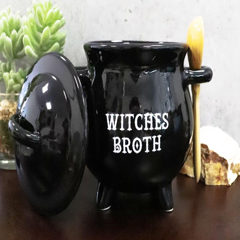 Ebros Ceramic Wicca Black Cauldron Dipping Condiment Bowl Mug With Broom Spoon