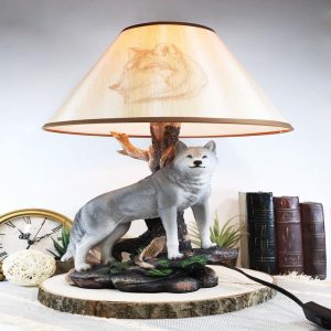 Ebros Denizen Of Twilight Lone Gray Wolf Table Lamp With Shade Decor Statue Set