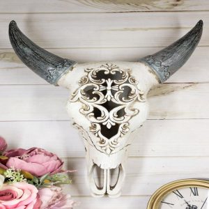 Ebros Large American Buffalo Bison Tooled Floral Lace Filigree Skull Wall Decor