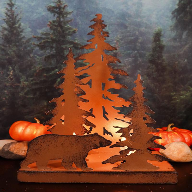 Ebros Metal Art Rustic Forest Black Bear By Pine Trees Night Light Lamp Sculpture