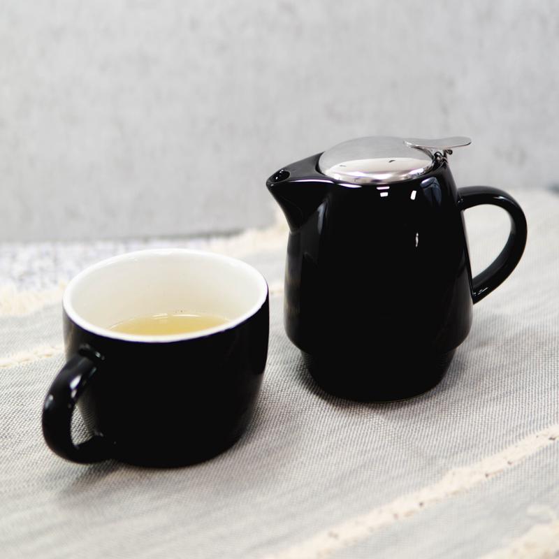 Glossy Black Contemporary Ceramic Stackable Teapot Set Single Tea Pot With Mug