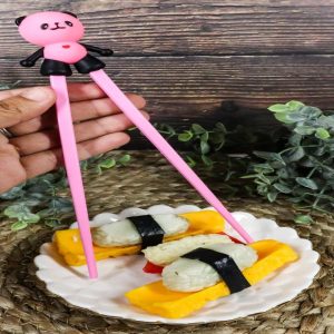 Hot Pink Love Giant Panda Reusable Training Chopsticks Set With Silicone Helper