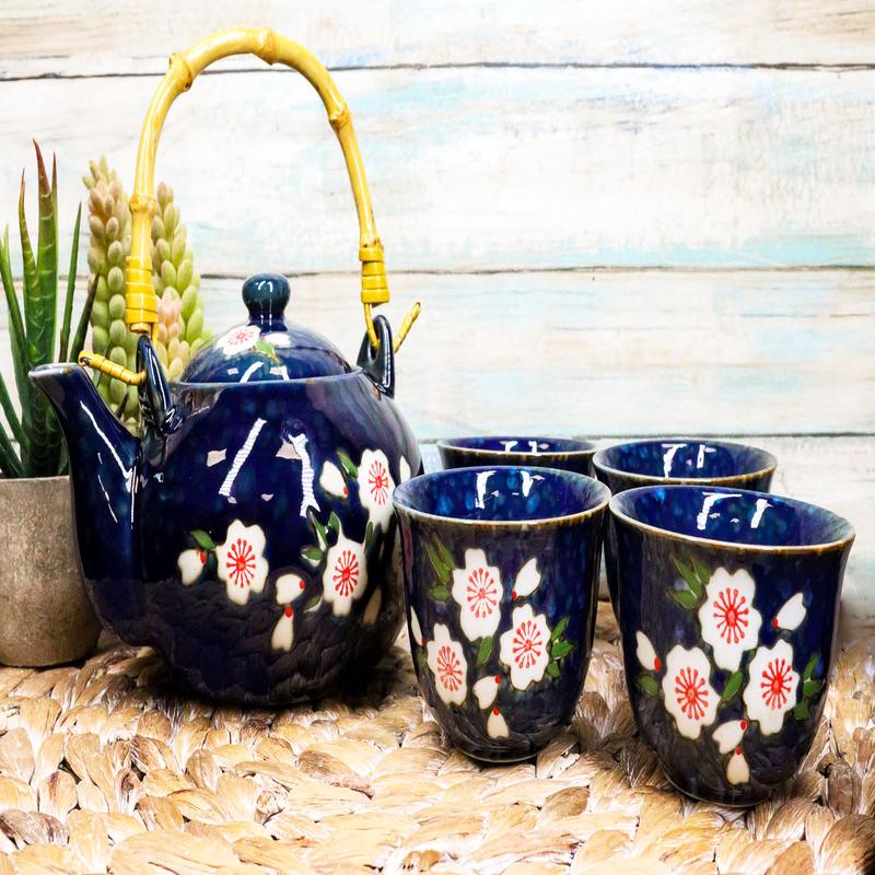 Japanese Sakura Cherry Blossom Flowers Navy Blue Ceramic Tea Pot With 4 Cups Set