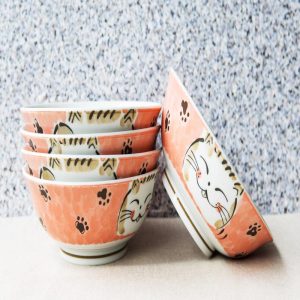 Made In Japan Pink Lucky Cat Maneki Neko 32oz Soup Pasta Cereal Bowls Set of 5