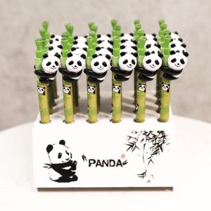 Pack Of 24 Panda Bear Cub On Green Bamboo Ballpoint Ball Black Pens With Stand
