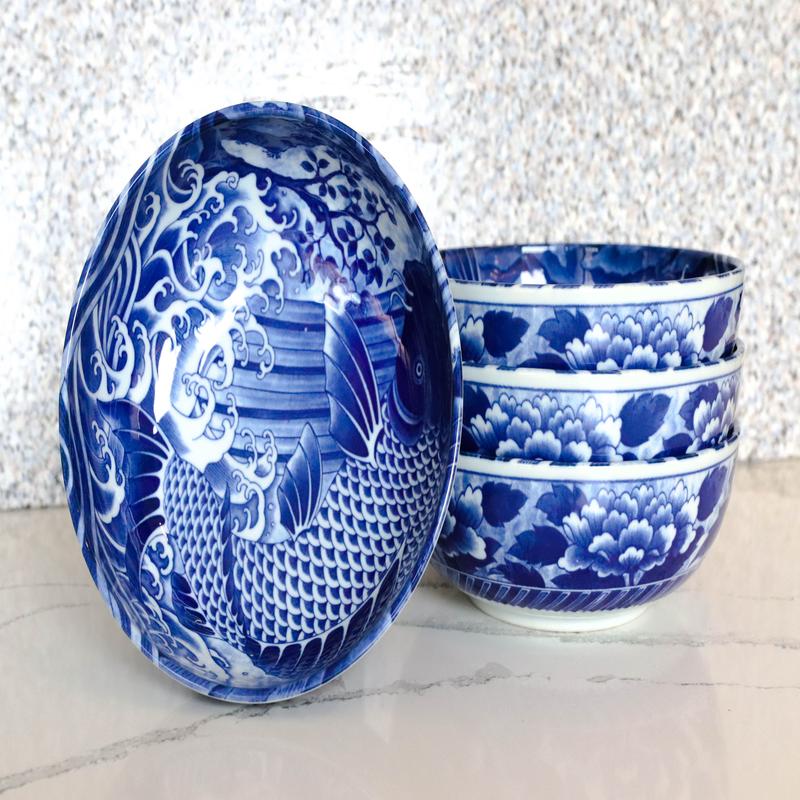 Pack Of 4 Made In Japan Feng Shui Koi Fish Blue Large 42oz Serving Soup Bowls