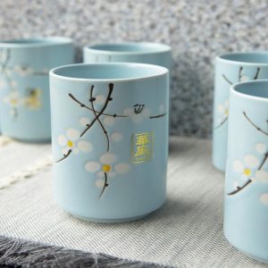 Pack Of 6 Japanese Sakura Cherry Blossom Pastel Light Blue Ceramic Tea Cups 10oz
