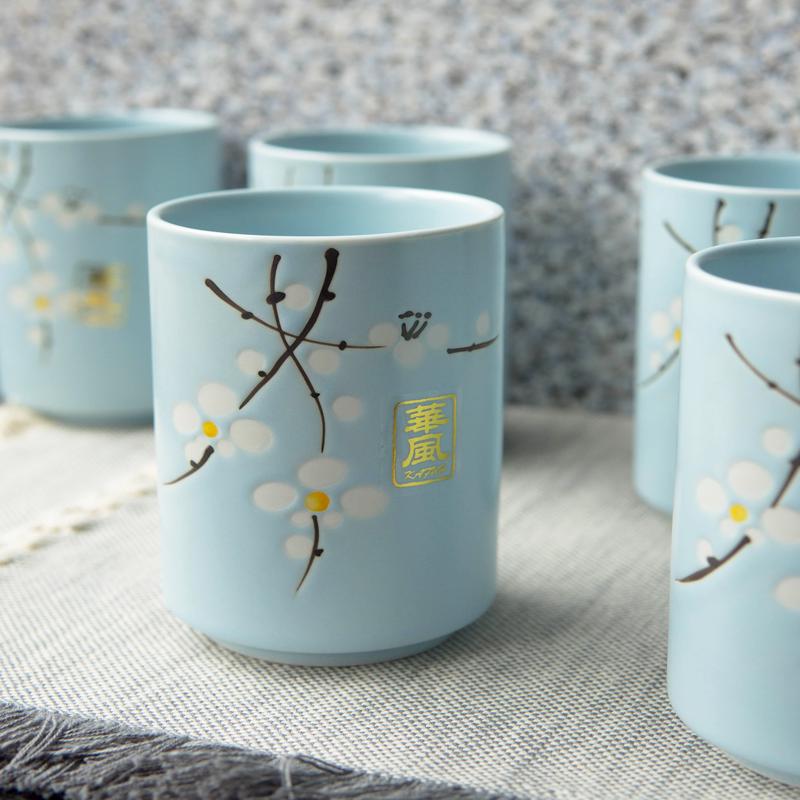 Pack Of 6 Japanese Sakura Cherry Blossom Pastel Light Blue Ceramic Tea Cups 10oz