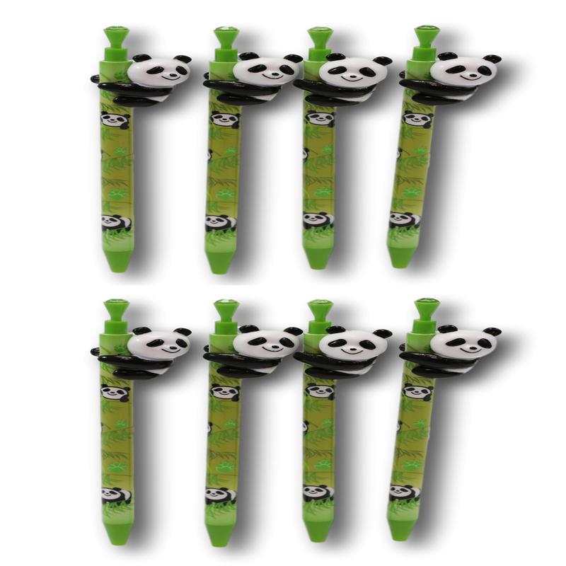 Pack Of 8 Panda Bear Cub Climbing On Bamboo Green Ballpoint Ball Black Ink Pens