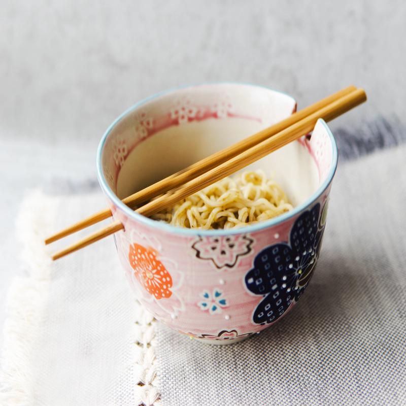 Pink Spring Floral Blossoms Ramen Noodles Soup Bowl With Bamboo Chopsticks Set