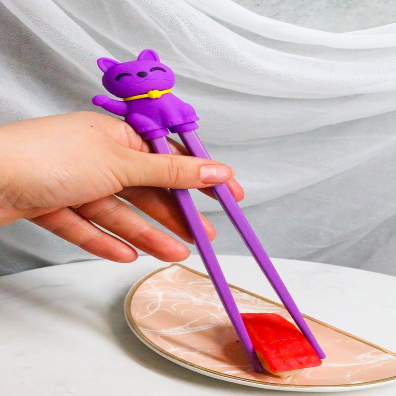 Purple Maneki Neko Lucky Cat Reusable Training Chopsticks Set W/ Silicone Helper