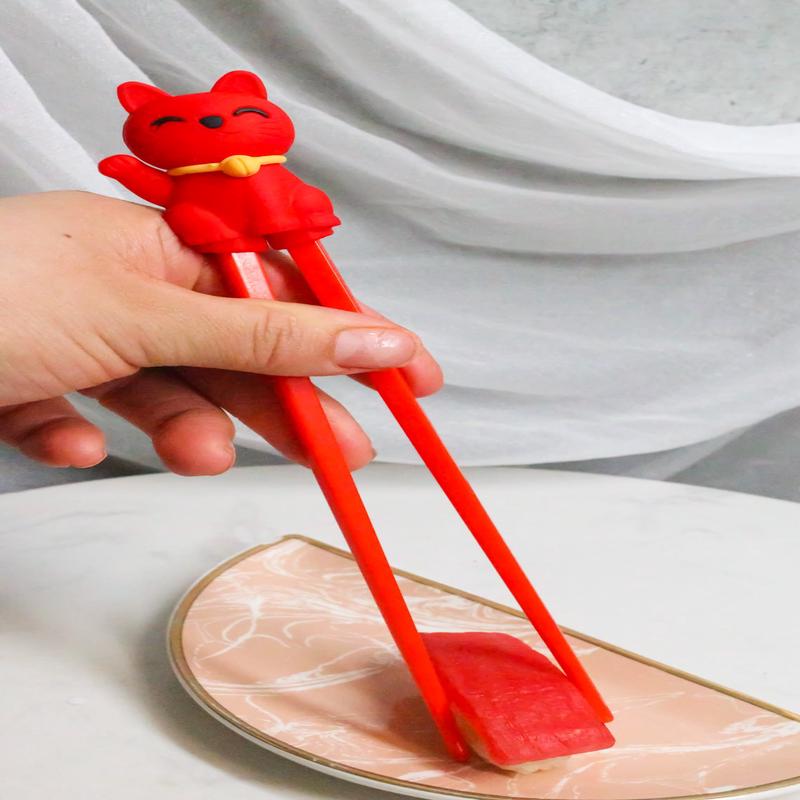 Red Maneki Neko Lucky Cat Reusable Training Chopsticks Set With Silicone Helper