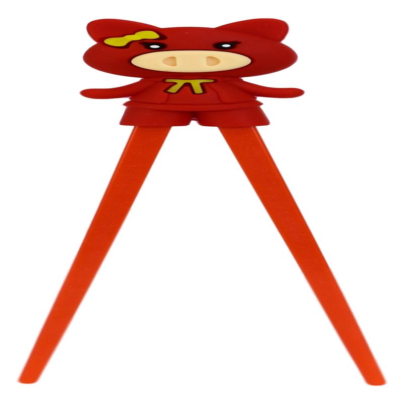 Red Miss Piggy Pig Reusable Training Chopsticks Set W/ Silicone Helper BPA Free