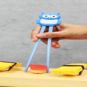Sky Blue Night Owl Reusable Training Chopsticks Set With Silicone Helper Hinge