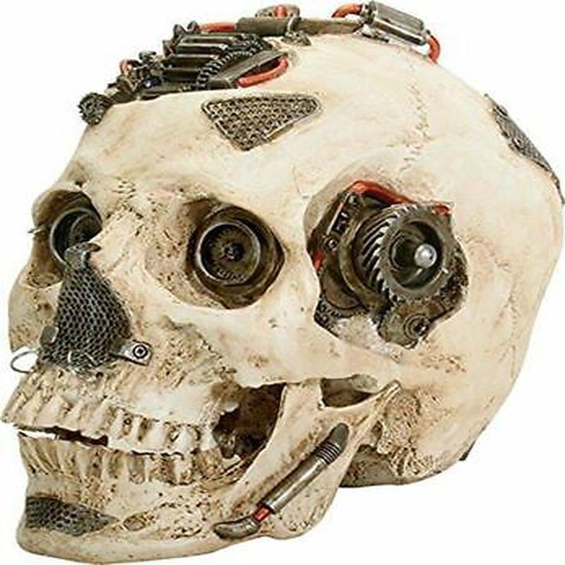 Steampunk Machine Gadget Cream Colored Closed Mouthed Skull Head 7.25"L Figurine