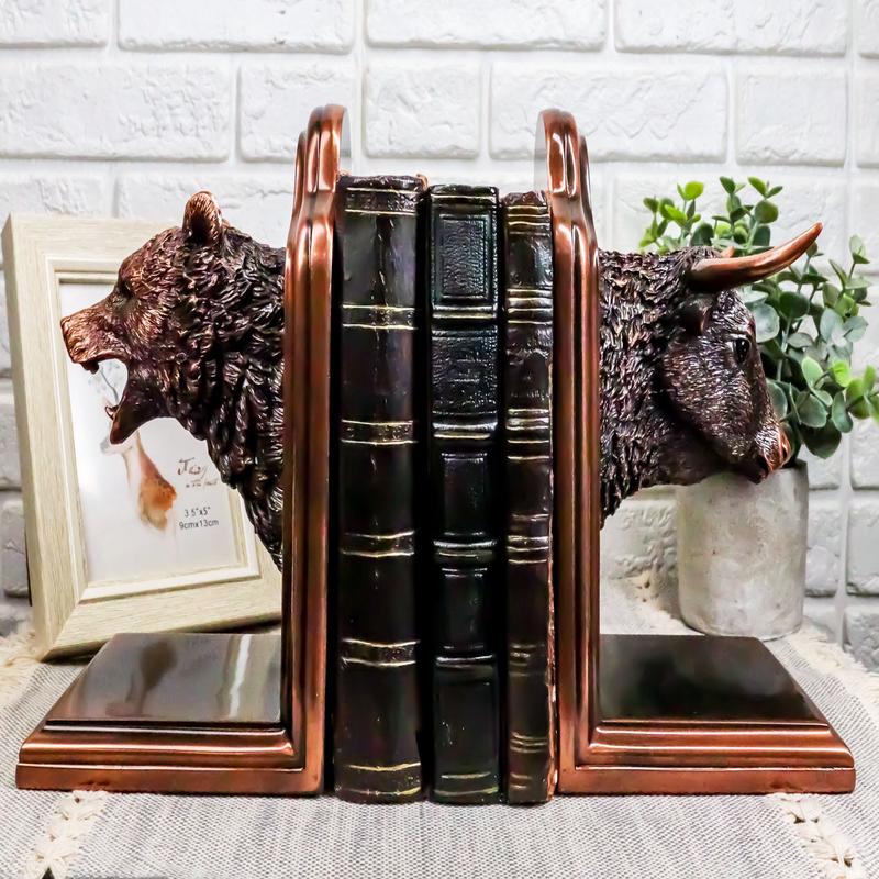 Wall Street Stock Market Bull VS Bear Bookends Bronze Electroplated Figurine