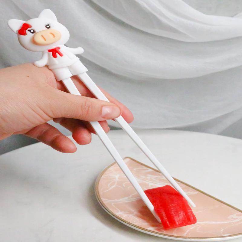 White Miss Piggy Pig Reusable Training Chopsticks Set With Silicone Helper