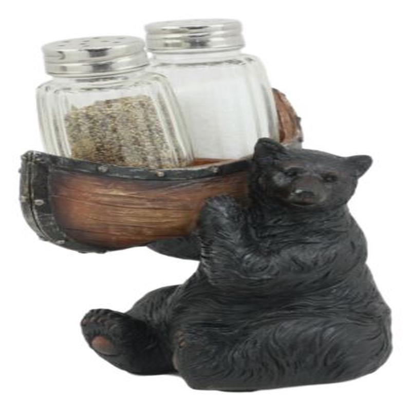 Black Bear Salt and Pepper Shakers Set 5"H Papa Bear Carrying A Canoe Statue