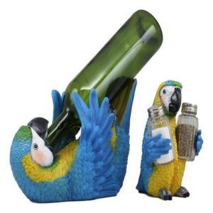 Blue Scarlet Macaw Parrot Wine Bottle And Salt Pepper Shakers Holder Statue Set