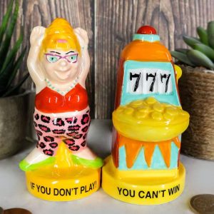 Casino Jackpot Lucky Winner Lady With Slot Machine Salt & Pepper Shakers Set