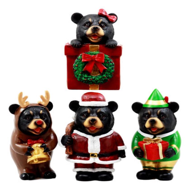 Christmas Bears Figurine Set 4"H Santa Claus Reindeer Elf Bear In The Box Wreath